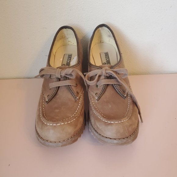 Skechers Brown Leather 7.5 Chunky 90s Y2K Heels Pumps Moc Toe Lace Up Oxfords - Picture 5 of 9